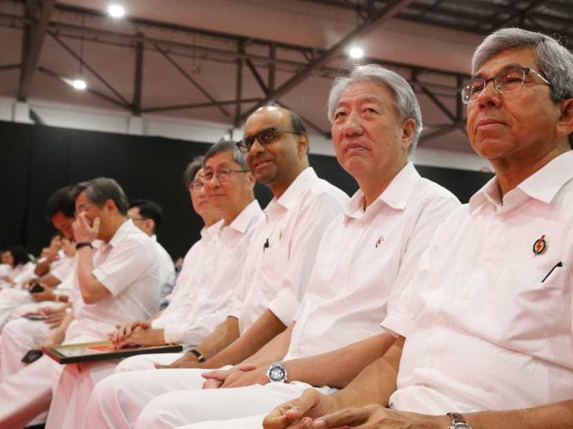 (R-L) Mr Yaacob Ibrahim, Mr Teo Chee Hean and Mr Tharman Shanmugaratnam at the 2018 PAP Conference and Awards Ceremony at Singapore Expo, Hall 8 on Nov 11, 2018.