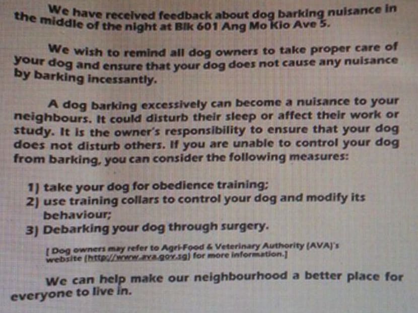 A photo of the HDB notice, posted on Action for Singapore Dogs' Facebook page Photo: Facebook, Action for Singapore Dogs