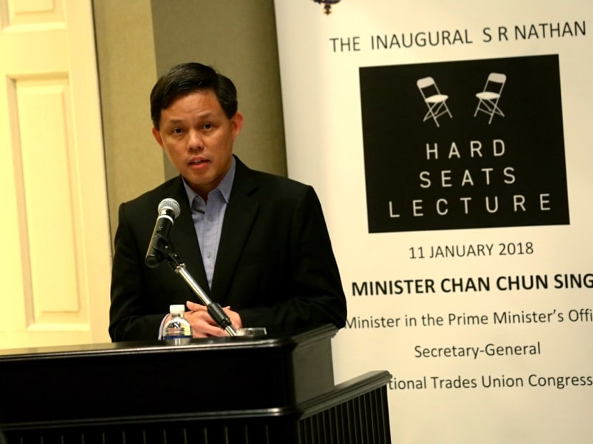 Minister in the Prime Minister’s Office Chan Chun Sing delivering his speech at the inaugural S R Nathan Hard Seats lecture. Hosted by the Oxford and Cambridge Society of Singapore, the inaugural lecture kicked off an annual series in memory of Singapore’s sixth President, the late Mr S R Nathan.  Photo: Nuria Ling/TODAY
