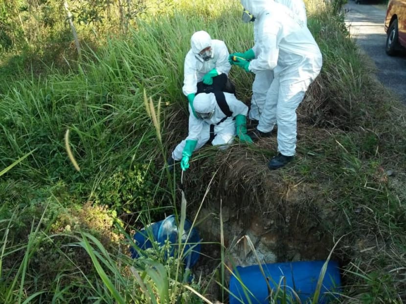 More than 15 barrels, believed to contain chemical waste, were recovered by workers from a private firm, along Sungai Masai, adjacent to the Pasir Gudang-Johor Baru Highway on March 18.