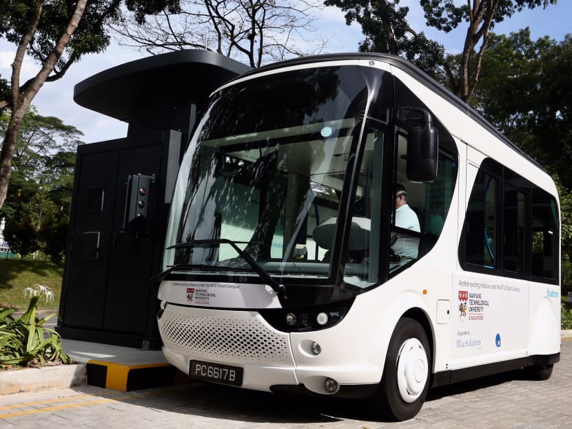 The shuttle can travel two kilometres on a single charge, with backup power that can allow it to run for an additional 30 kilometres.  Photo: Koh Mui Fong/TODAY