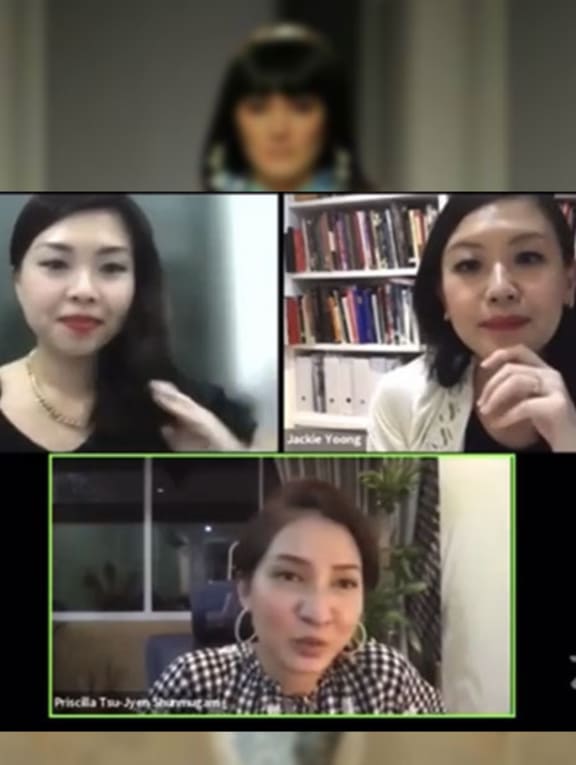 A screenshot of a video footage that went viral, showing Ms Priscilla Shunmugam (bottom frame) in a video conference event organised by the Asian Civilisations Museum.