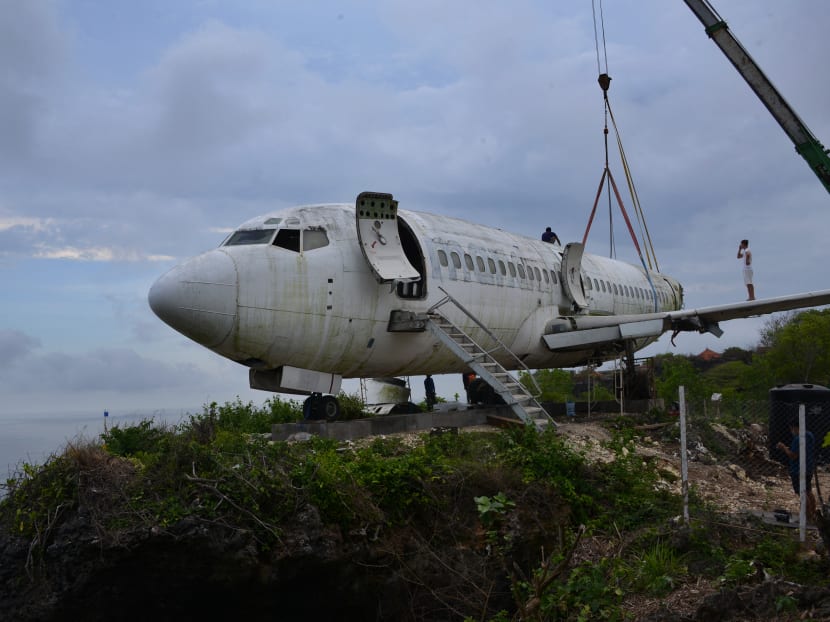 A retired Boeing aircraft has been placed on a seaside cliff to lure tourists and be turned into a villa near Nyang-Nyang beach in Uluwatu Badung Regency, on Indonesia resort island of Bali.