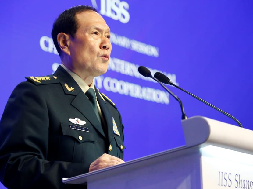 Chinese Defence Minister Wei Fenghe delivering his speech at the Shangri-La Dialogue in Singapore on June 2, 2019.