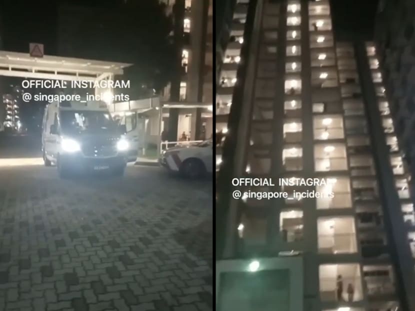 Screenshots from the video posted on Facebook showing emergency vehicles and the block in Yishun. Screenshots from the video posted on Facebook showing emergency vehicles and the block in Yishun.