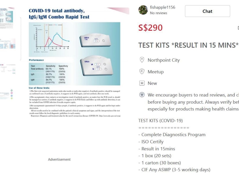 A product listing for a purported Covid-19 test kit with fraudulent claims.