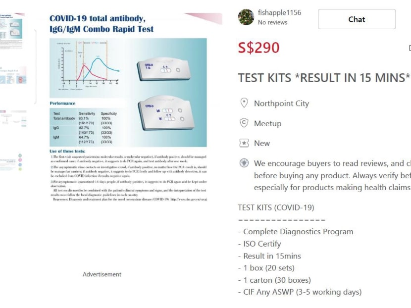 A product listing for a purported Covid-19 test kit with fraudulent claims. A product listing for a purported Covid-19 test kit with fraudulent claims.