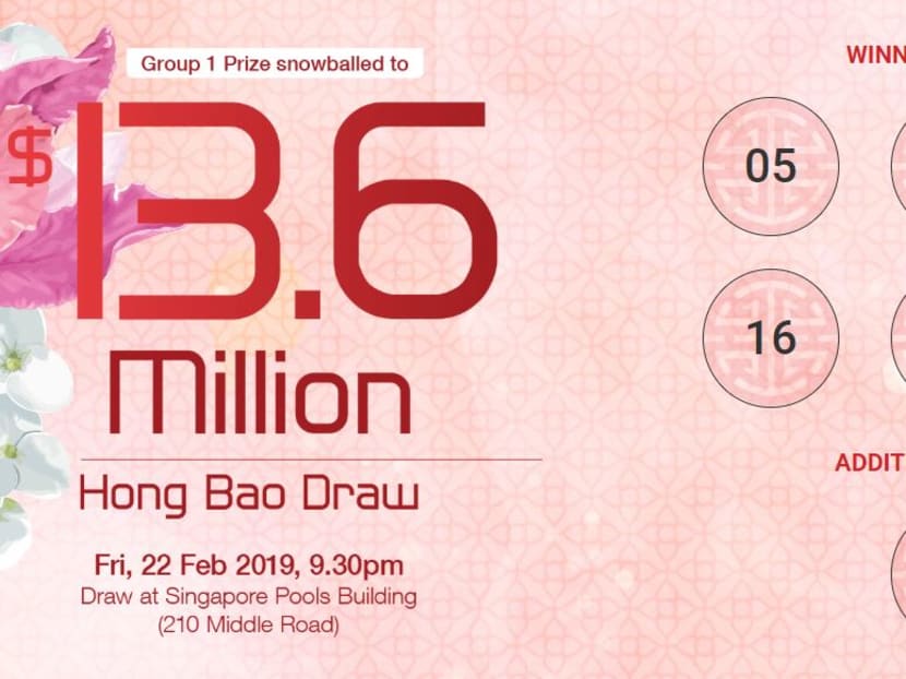 The winning numbers for the much-awaited annual Toto Hongbao Draw were 5, 8, 14, 16, 34 and 39, with the additional number 23.
