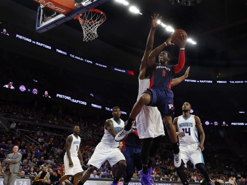 In this March 8, 2015, file photo, Detroit Pistons guard Reggie Jackson (1) drives to the basket against the Charlotte Hornets in the second half of an NBA basketball game in Auburn Hills, Mich. Photo: AP