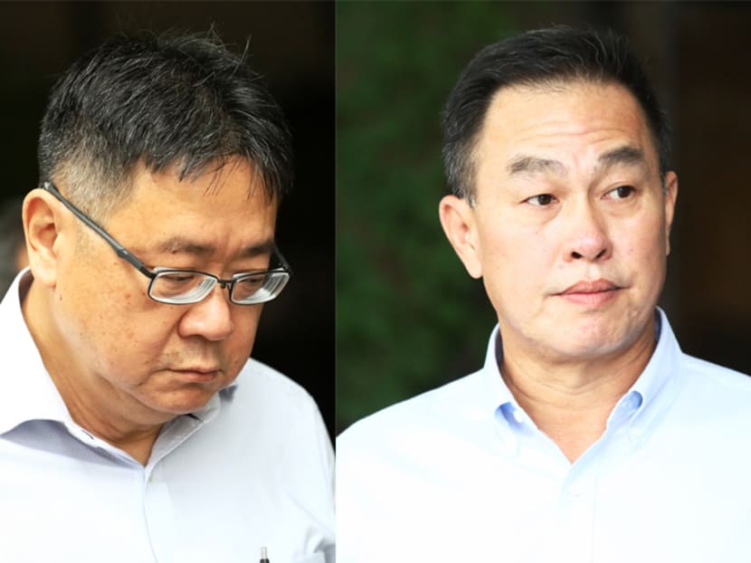 Calibre Consulting Singapore executive Leong Sow Hon (left) and Or Kim Peow Contractors executive director Or Toh Wat at the State Courts on Wednesday (May 30).