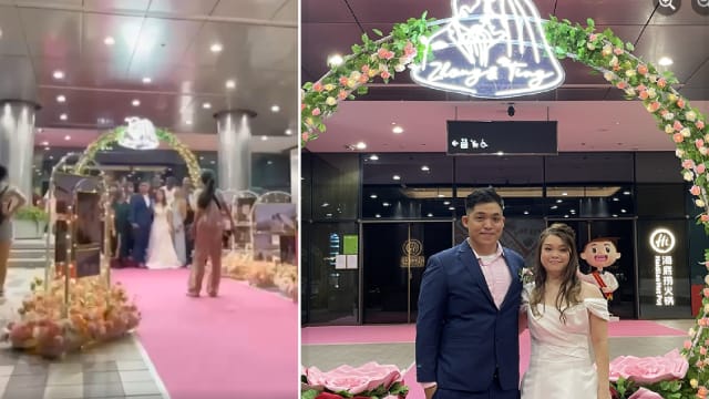 酷爱吃火锅 新人包下火锅店办婚宴 商场入口铺上粉色地毯