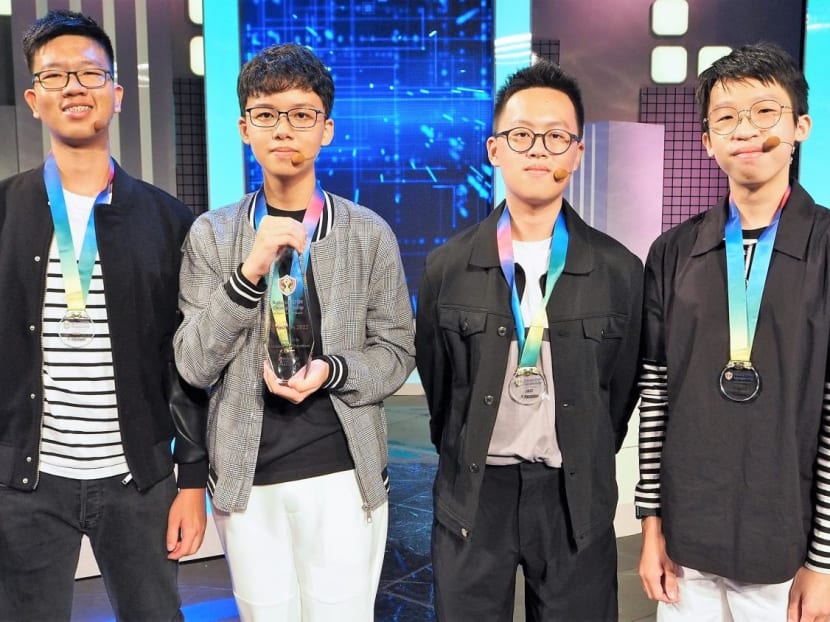 The team from Raffles Institution were the grand winners of the National STEM Championship. From left: Jared Xu, Oliver Lim, Teo Kai Wen and Francis Loh. Photos: Mediacorp The team from Raffles Institution were the grand winners of the National STEM Championship. From left: Jared Xu, Oliver Lim, Teo Kai Wen and Francis Loh. Photos: Mediacorp