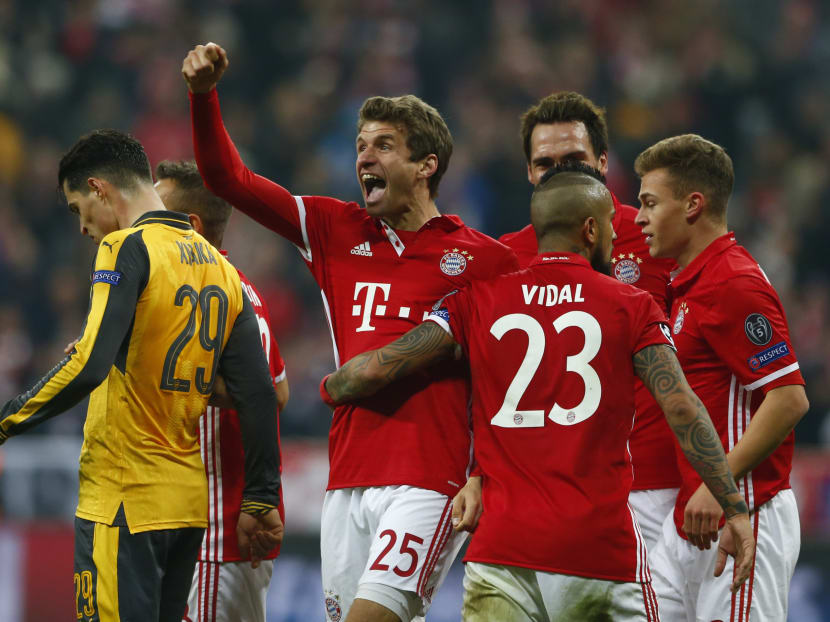 Bayern Munich's Thomas Muller celebrates scoring their fifth goal against Arsenal in the recent Champions League tie. Photo: Reuters
