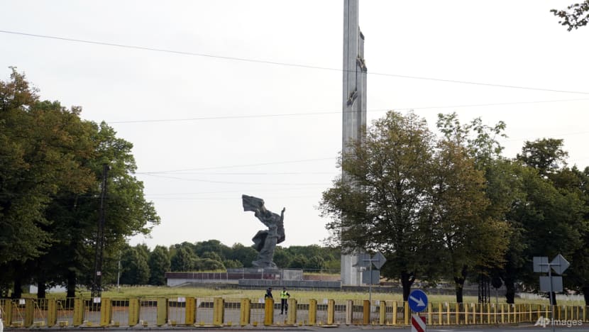 Soviet-era monument's iconic obelisk comes down in Latvia Soviet-era monument's iconic obelisk comes down in Latvia