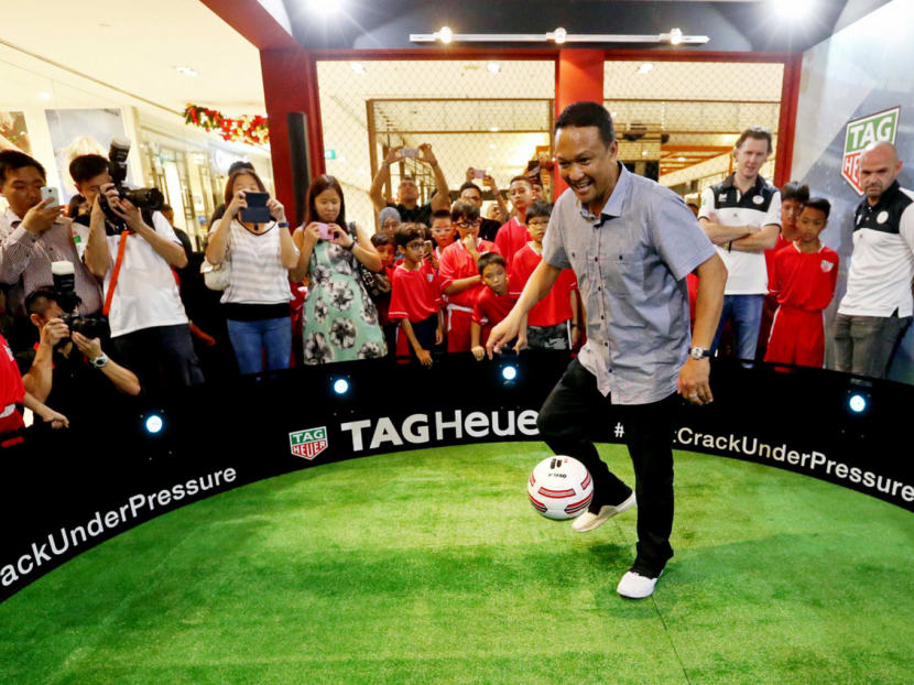 Fandi Ahmad showcasing his skills at the TAG Heuer Masters event at Wisma Atria yesterday. Fandi’s third son is hoping to follow in his footsteps and further his development in England. Photo: Ooi Boon Keong