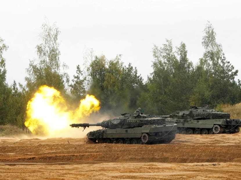 Nato enhanced Forward Presence battle group Spanish army tank Leopard 2 fires during the final phase of the Silver Arrow 2022 military drill on Adazi military training grounds, Latvia Sept 29, 2022.