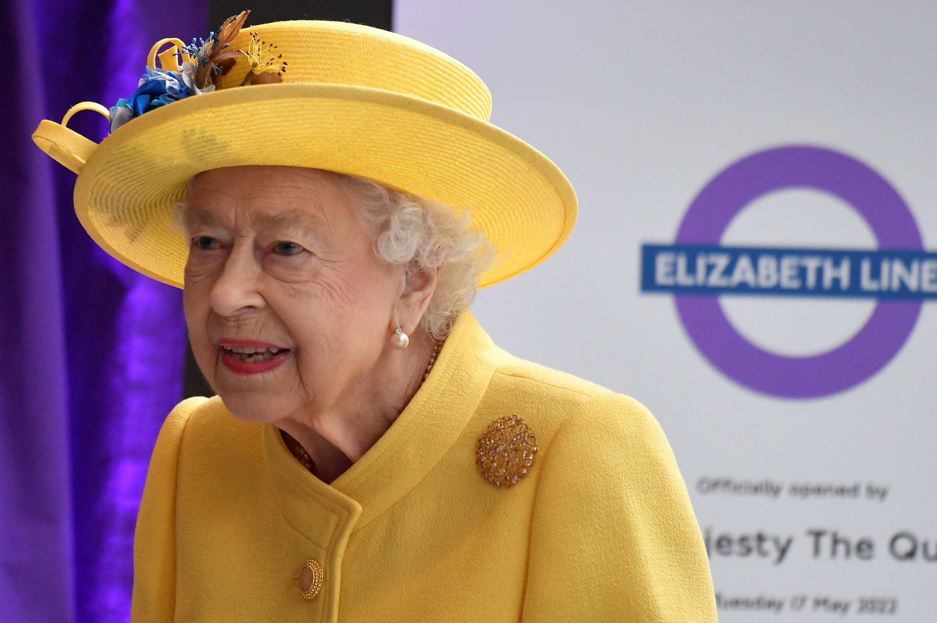 Britain’s Queen Elizabeth is seen wearing the "bird of paradise" brooch during an event to mark the completion of the Elizabeth Line at Paddington Station in London, Britain on May 17, 2022.