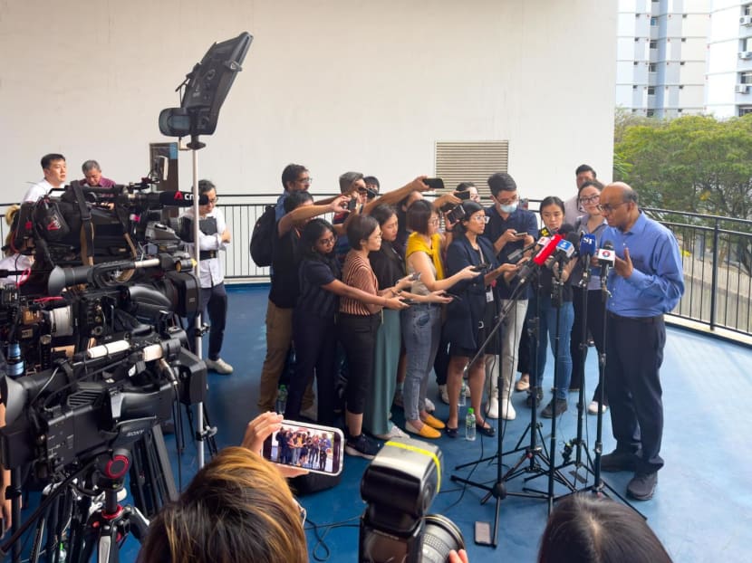 Senior Minister Tharman Shanmugaratnam speaking to reporters at Taman Jurong Community Club on June 8, 2023 on his bid for the Elected Presidency. 