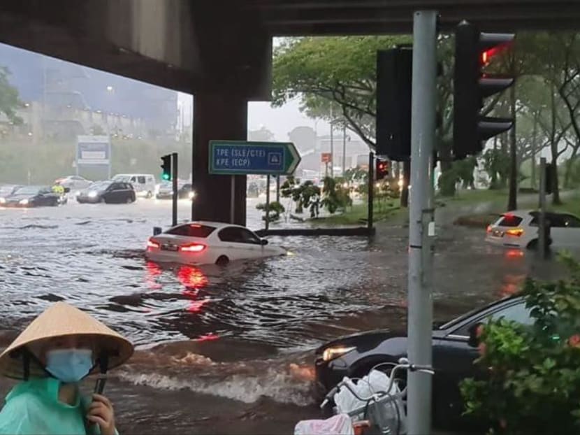 A screenshot of a video on Facebook showing flood waters near the junction of Tampines Avenue 10 and Pasir Ris Drive 12 on Aug 20, 2021.
