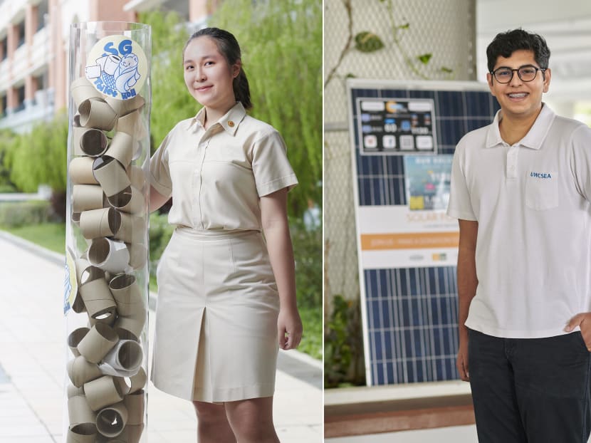 In 2018, Laura Lee (left), then 16, founded national initiative ToiletRollSG with the goal of collecting 1,000kg of toilet rolls for recycling. For the past four years, Hemal Auror (right), 17, has been fundraising to install 1,130 solar panels on his school campus and raising awareness of climate change.