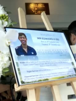 A sign at the wake of NSF firefighter Corporal Edward H Go on Dec 11, 2022.