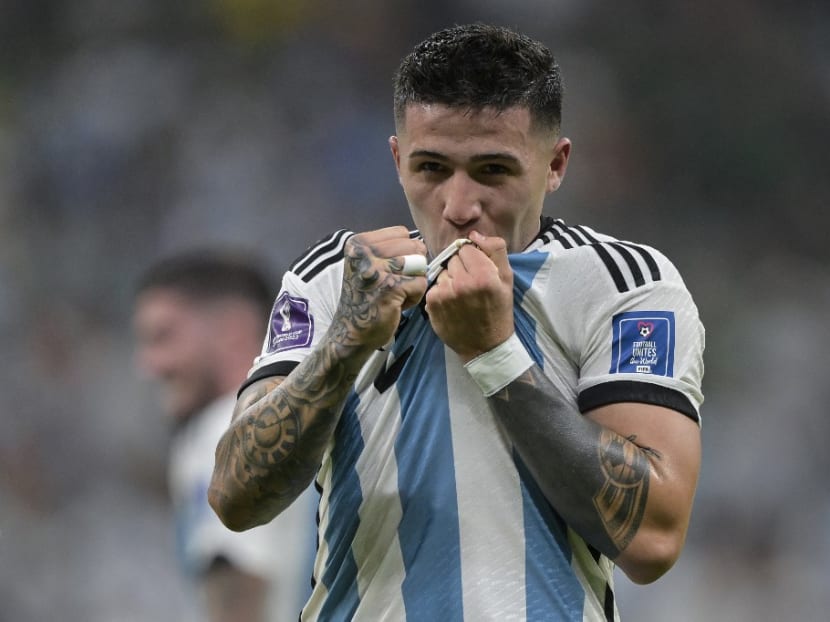 Argentina's midfielder #24 Enzo Fernandez celebrates scoring his team's second goal during the Qatar 2022 World Cup Group C football match between Argentina and Mexico at the Lusail Stadium in Lusail, north of Doha on Nov 26, 2022.