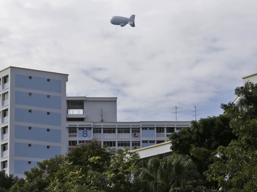 The RSAF's new radar-equipped balloon, the Aerostat, seen at Jurong West on Monday. it is a tethered helium-filled balloon that’s attached with a 360-degree sensor to monitor threats over Singapore’s air and sea space. Photo: Wee Teck Hian/TODAY