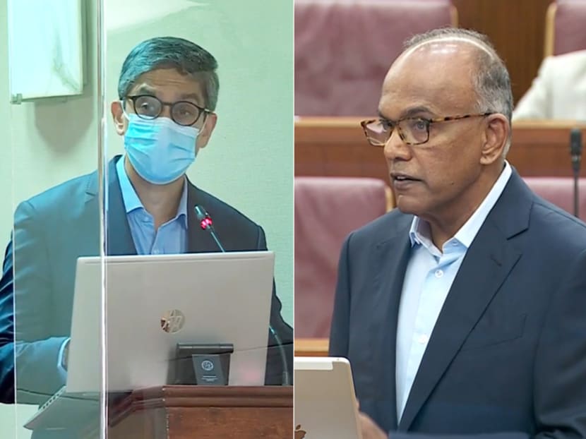 Mr Leon Perera (left), Workers' Party Member of Parliament, and Law and Home Affairs Minister K Shanmugam (right) speaking during a Committee of Supply debate on March 3, 2022.