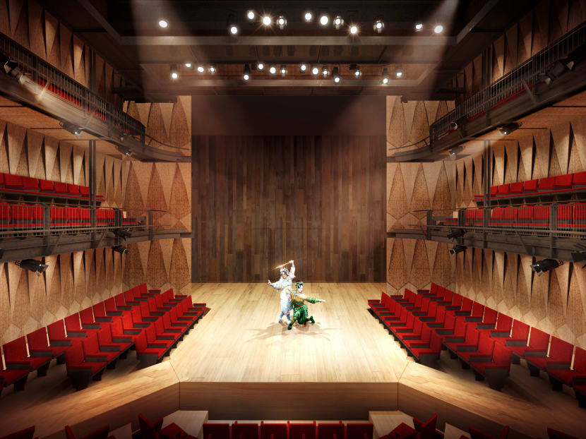 The main theatre at the new facility, the 358-seat Ngee Ann Kongsi Theatre, will feature Singapore’s first “thrust” stage — a stage which extends into the auditorium with the audience seated on three sides. The main theatre at the new facility, the 358-seat Ngee Ann Kongsi Theatre, will feature Singapore’s first “thrust” stage — a stage which extends into the auditorium with the audience seated on three sides.