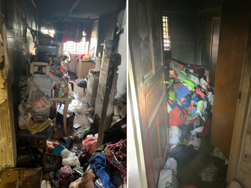 The Singapore Civil Defence Force found a man trapped in the flat's kitchen toilet (left) and a woman in a bedroom (right).