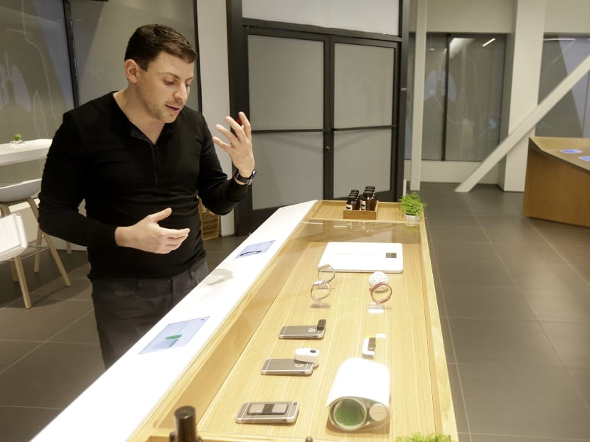 In this Jan 10, 2017 photo, Adrian Aoun, founder and CEO of Forward, shows a retail sensor section of various wearables and phone attachments at a medical office in San Francisco. Photo: AP