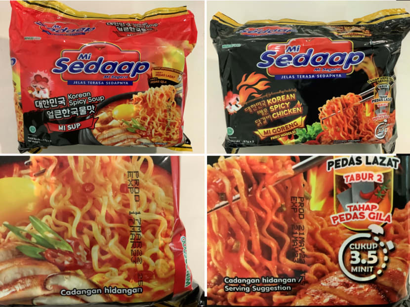 Mie Sedaap Korean Spicy Soup instant noodles (top left), Mie Sedaap Korean Spicy Chicken instant noodles (top right) and their respective expiry dates.