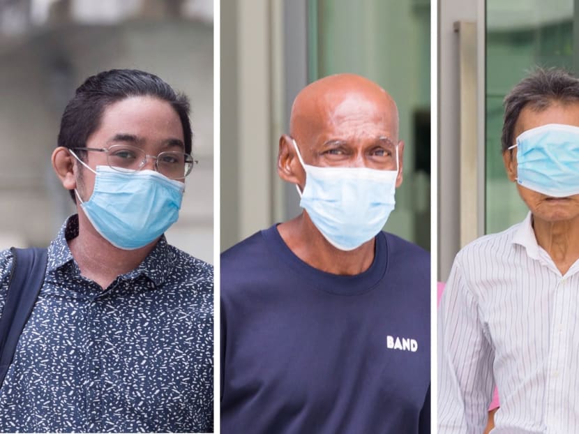 (From left) Navarro Charles Josef Guimere, Rethinasamy Letchimanan and Lee Ah Loo were charged in court on May 6, 2020 with circuit breaker-related offences, such as verbally abusing enforcement officers and leaving their homes without a reasonable excuse. Photos: Ili Nadhirah Mansor and Raj Nadarajan/TODAY