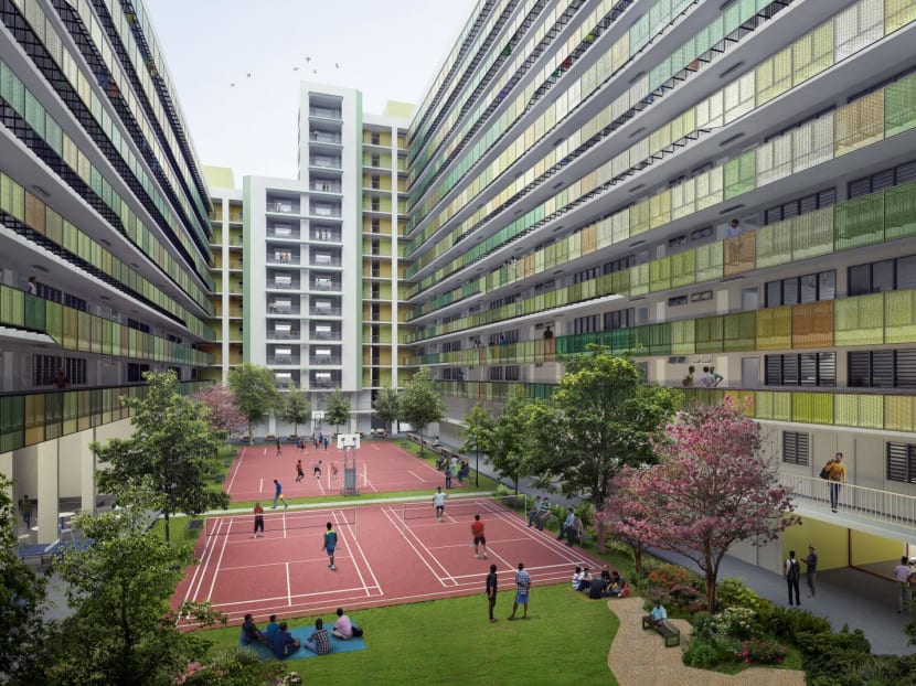 An artist impression of the courtyard area of the purpose-built dormitory at Tukang Innovation Lane, which will feature multi-purpose courts for workers to play their favourite sport, and green spaces for workers to unwind and relax in.