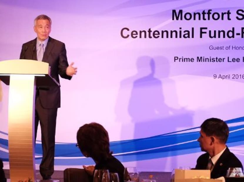 Prime Minister Lee Hsien Loong speaking at the 100th anniversary celebrations of Montfort Schools' founding on April 9, 2016. Photo: Loke Kok Fai/Channel NewsAsia