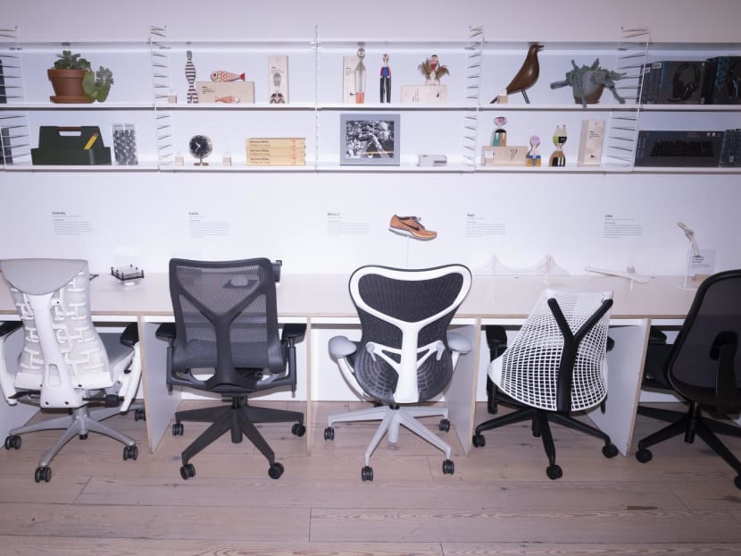 A selection of office chairs at the Herman Miller showroom in New York on June 22, 2022. A selection of office chairs at the Herman Miller showroom in New York on June 22, 2022.