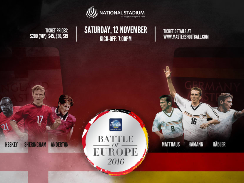 Past England and Germany stars will be in action at the National Stadium on Nov 12.  Photo: Masters Football Asia