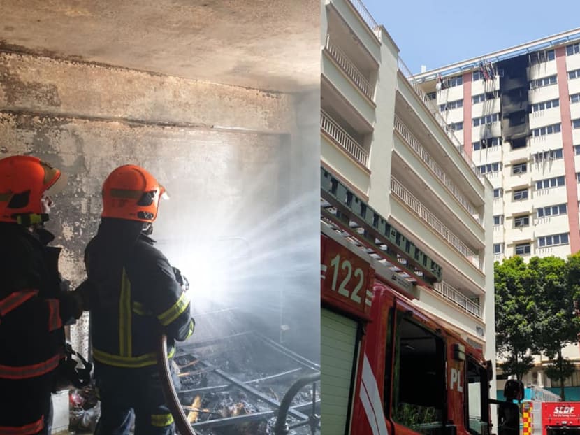 A photo of a flat ravaged by a fire (left) and the exterior of a housing block on Jalan Bukit Merah (right) that was blackened with soot.

