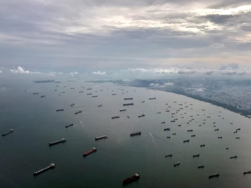 A bird's-eye view of ships along the coast in Singapore.