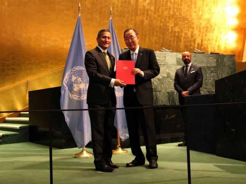 Minister for Foreign Affairs Dr Vivian Balakrishnan depositing Singapore's instrument of ratification to the Paris Agreement on Climate Change at the United Nations in New York on 21 September 2016. Photo: Ministry of Foreign Affairs