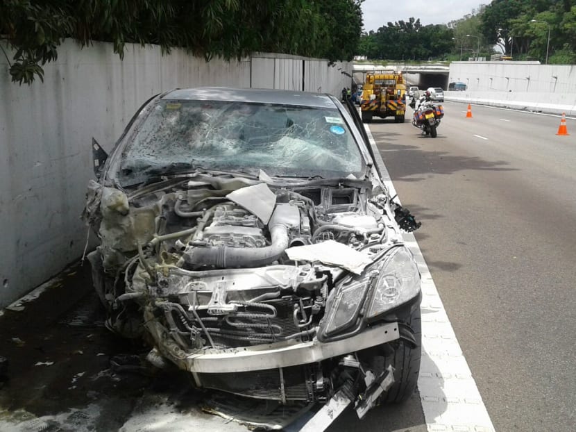 The silver Mercedes involved in the accident along AYE towards Tuas before Tuas West Road at about 8:05am on Monday (Dec 19) morning. Photo: Wee Teck Hian
