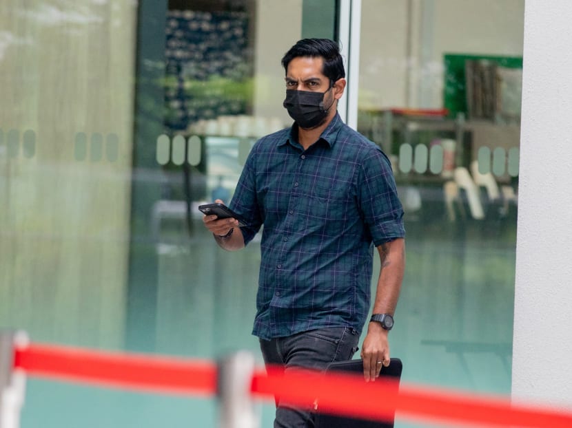 Sanjiv Kumar Sivaraj arriving at the State Courts on Jan 26, 2022. The 32-year-old was fined S$3,000 for verbally abusing a police officer.