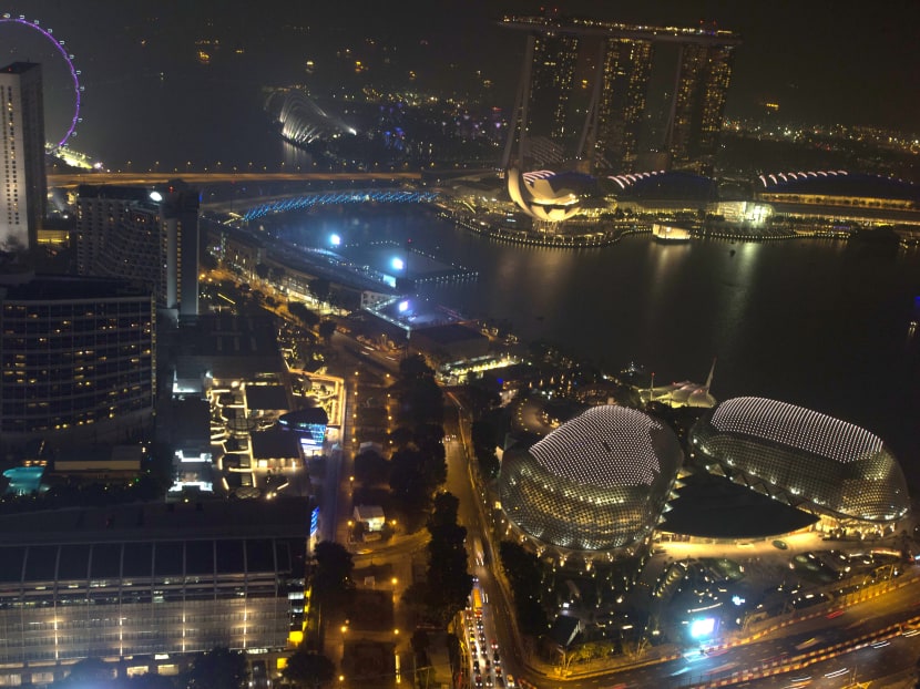 An aerial night view of the Singapore Grand Prix's Marina Bay City Circuit seen from the Swissotel The Stamford hotel in Singapore, on Sept 14, 2015. Photo: AP
