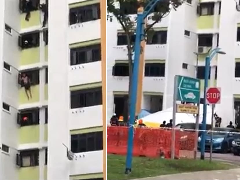 In a video posted on the “50 Shades of Singapore” Facebook group, a shirtless man can be seen sitting on a window ledge on the sixth floor of the housing block.
