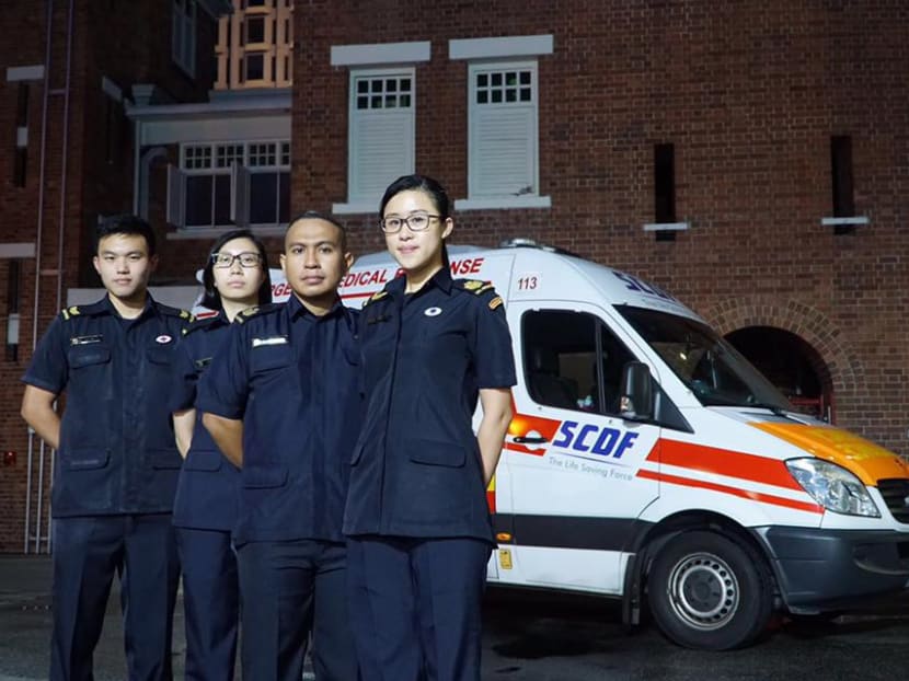 The Singapore Civil Defence Force crew from ambulance 113 who were commended by Prime Minister Lee Hsien Loong in responding to an emergency call at the Istana on 12 May 2016. From left to right: CPL (NSF) Ian Lok, PMT Sheena Chiang, SSG Mohd Imran and SSG Janice Lee. Photo: SCDF Facebook page