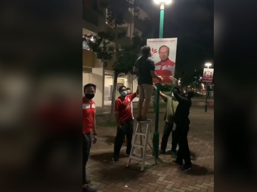 The Progress Singapore Party (pictured) had to take down 50 campaign posters along Clementi West Street 2. The People’s Action Party had to do the same for a few of its posters in the same area.