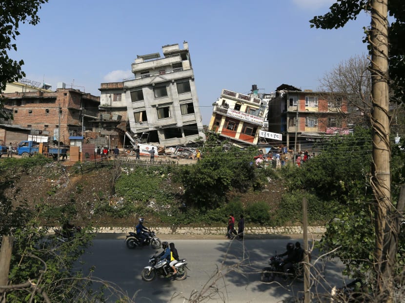 Damaged buildings lean to their sides in Kathmandu, Nepal. Photo: AP