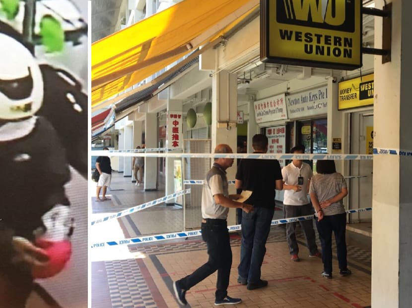 After a three-day manhunt, the robber (L) who fled with more than S$1,000 after allegedly threatening an employee at a Western Union branch in Ubi at knifepoint was caught on Thursday (Aug 3). Photos: SPF, Najeer Yusof/TODAY