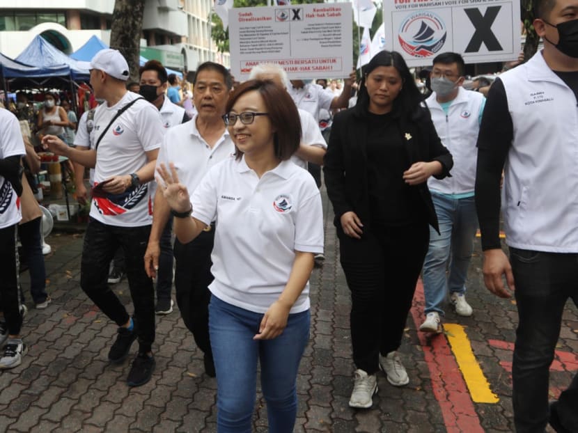 Warisan candidate Amanda Yeo, 29, on the campaign trail in Sabah's capital of Kota Kinabalu on Nov 6, 2022.
