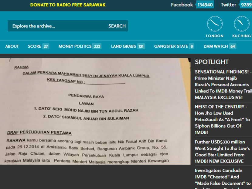 Screenshot of the Sarawak Report site that reported about the charge sheet.